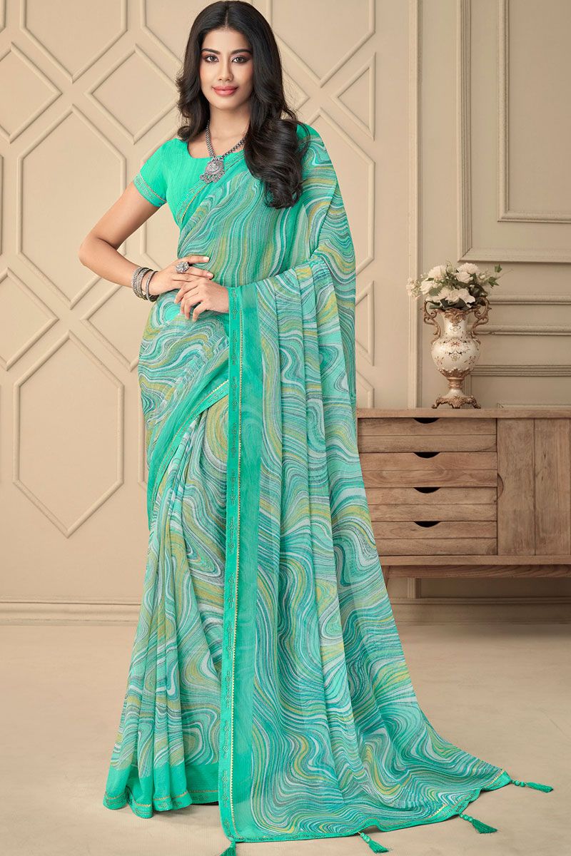 Chiffon Sea Green Color Casual Look Printed Saree