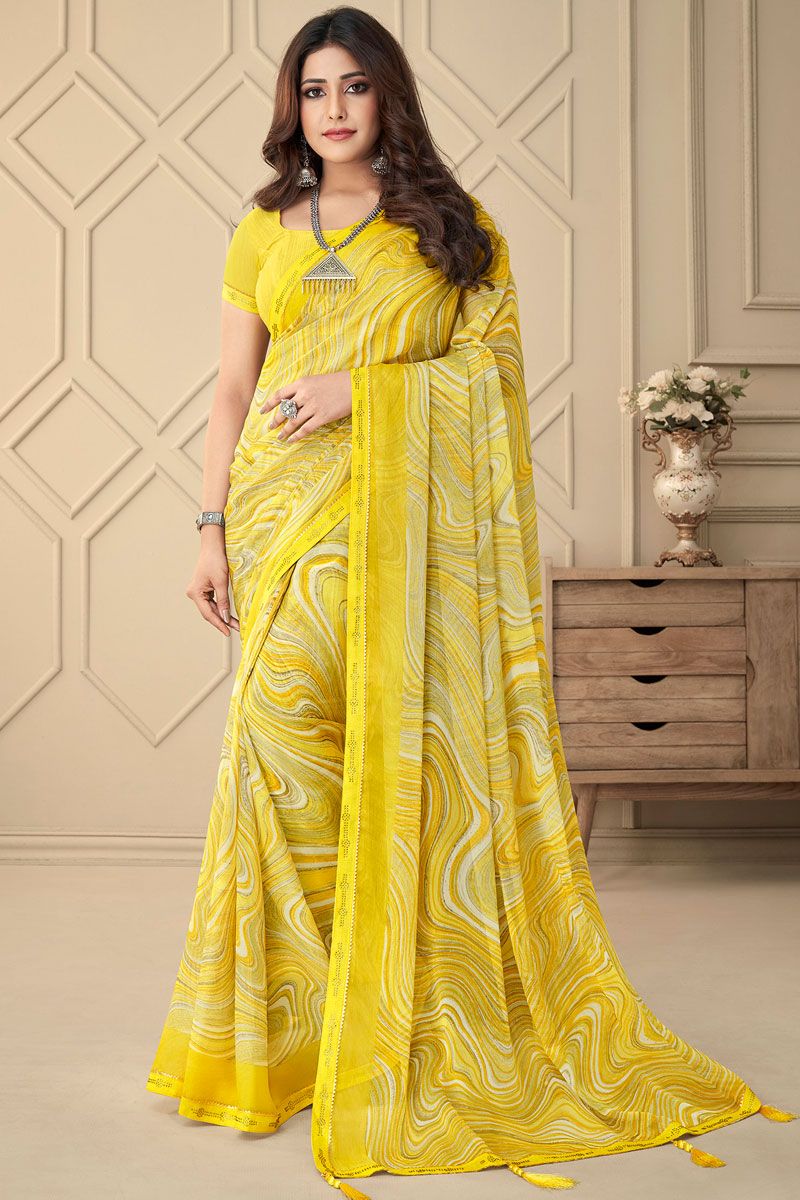 Chiffon Bewitching Casual Printed Saree In Yellow Color