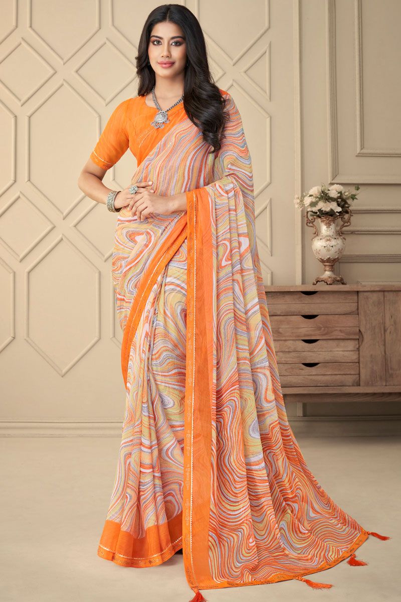 Orange Color Chiffon Casual Look Printed Saree