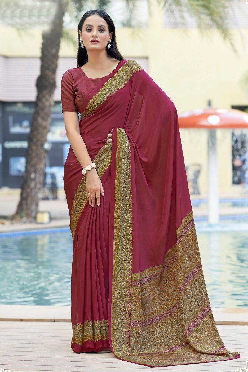 Crepe Silk Fabric Casual Saree In Maroon Color With Border Work