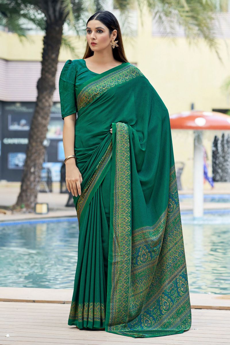 Green Color Crepe Silk Fabric Casual Saree With Border Work