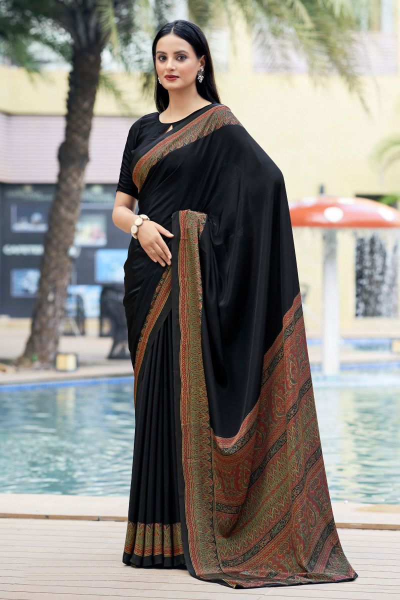 Black Color Border Work On Casual Saree In Crepe Silk Fabric