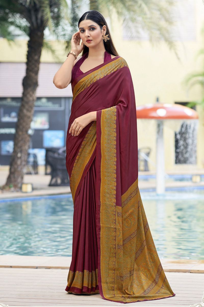 Border Work On Maroon Color Crepe Silk Fabric Casual Saree