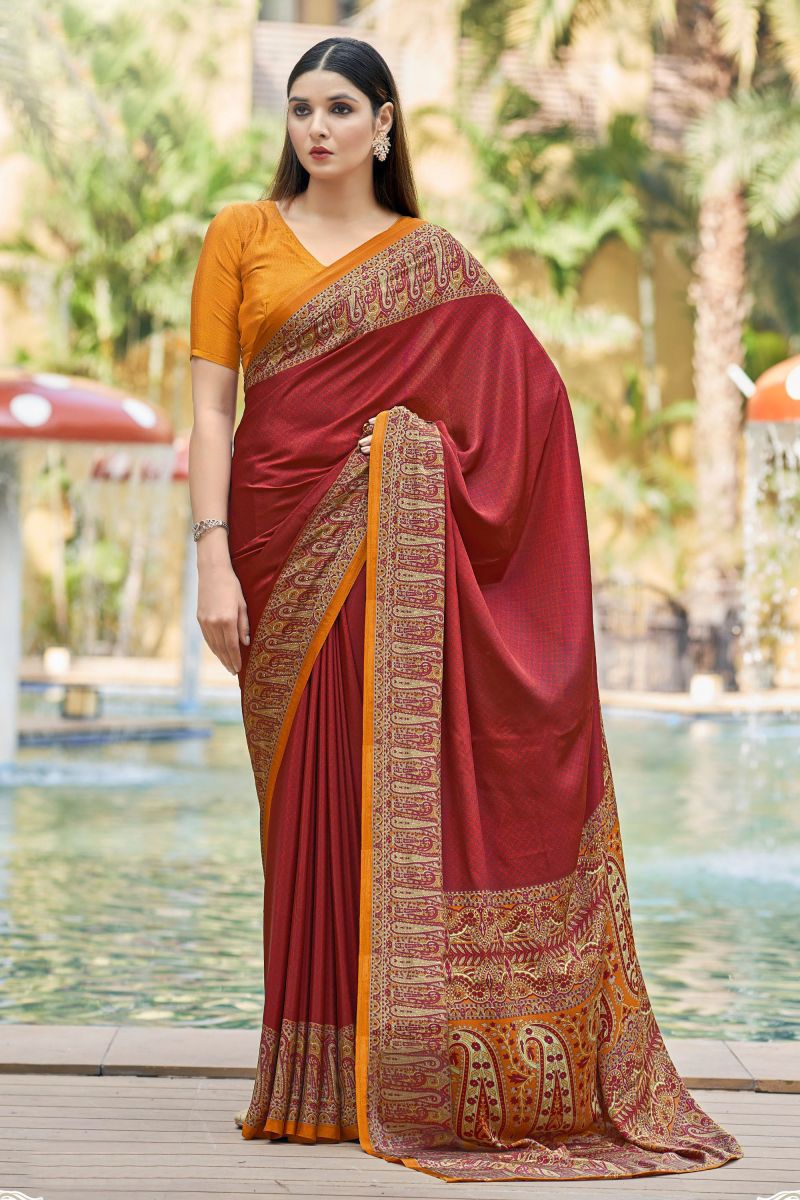 Crepe Silk Fabric Red Color Casual Saree With Border Work