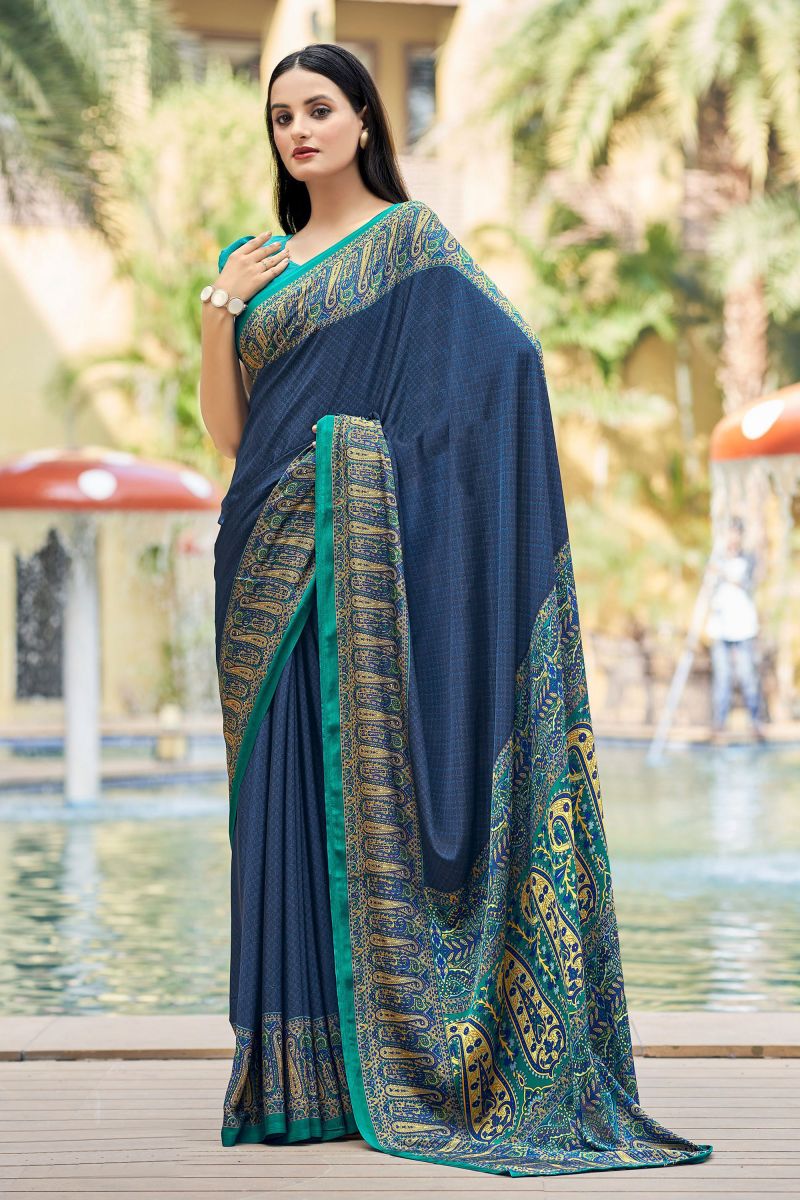 Blue Color Border Work Crepe Silk Fabric Casual Saree