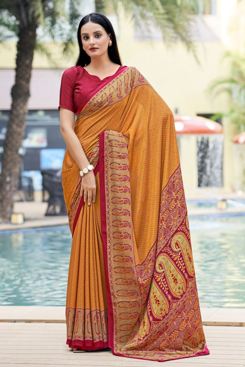 Border Work On Orange Color Crepe Silk Fabric Casual Saree