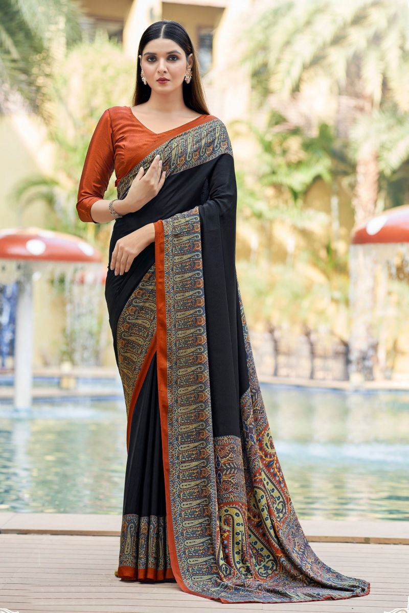 Border Work On Crepe Silk Fabric Black Color Casual Saree