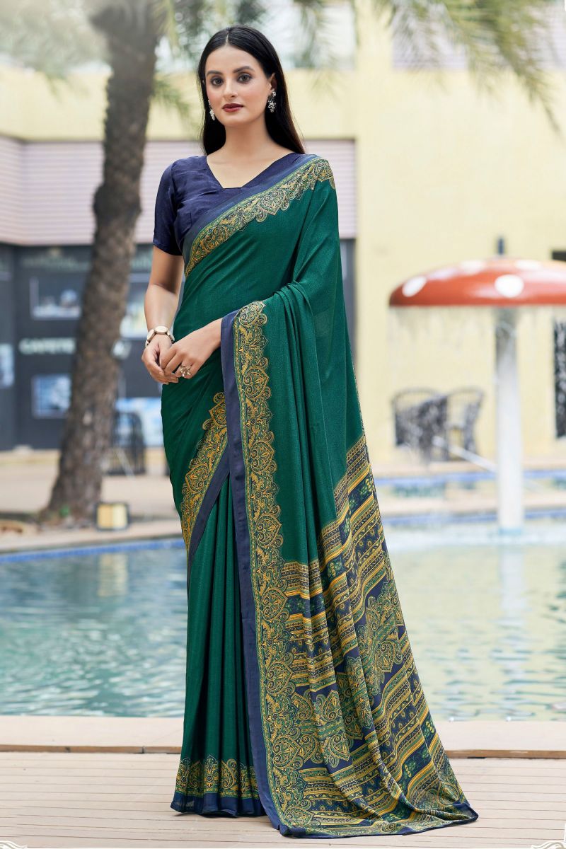 Crepe Silk Fabric Green Color Casual Saree With Border Work