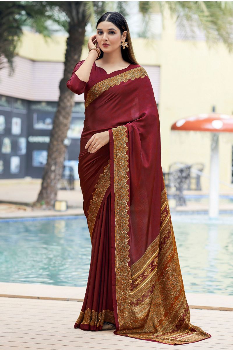 Maroon Color Crepe Silk Fabric Casual Saree With Border Work