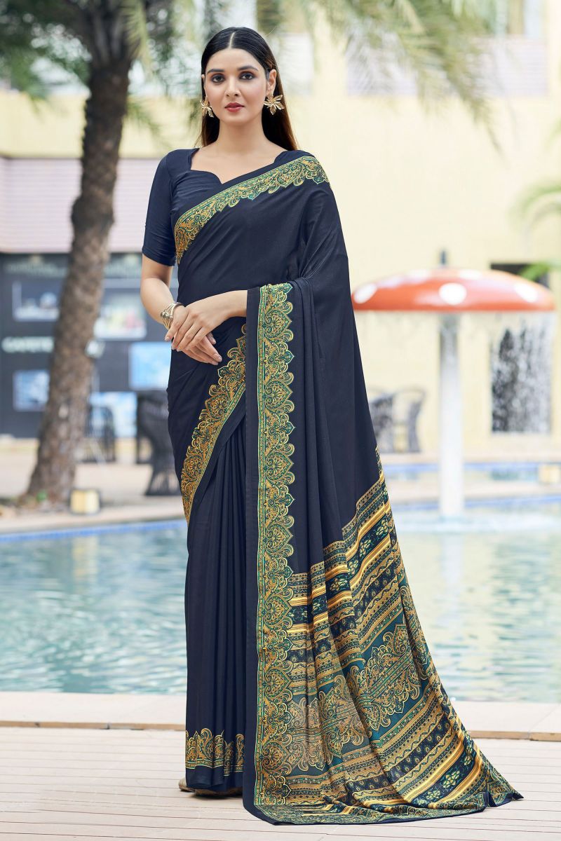 Border Work On Navy Blue Color Casual Saree In Crepe Silk Fabric