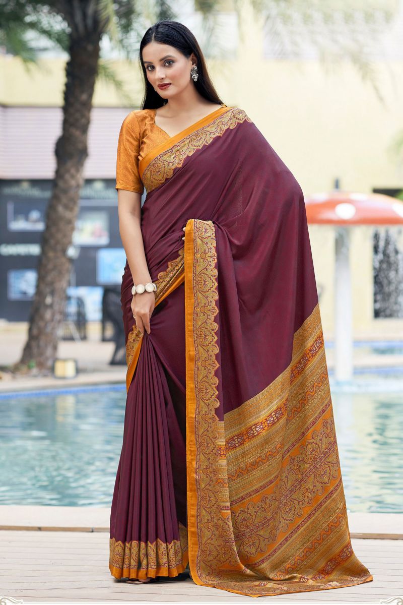 Border Work Wine Color Casual Saree In Crepe Silk Fabric