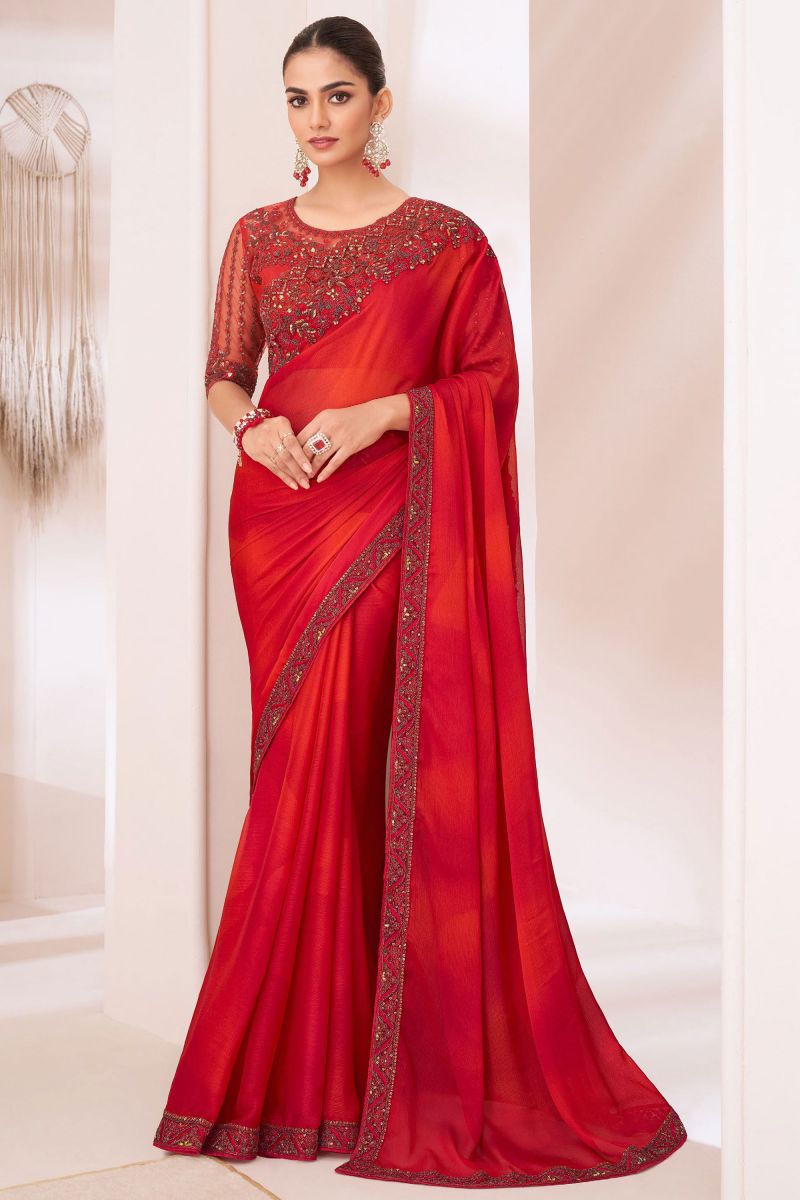 Chiffon Red Color Pleasance Saree With Border Work