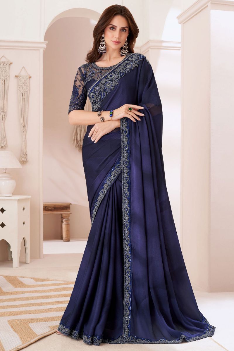 Border Work On Chiffon Bewitching Saree In Navy Blue Color