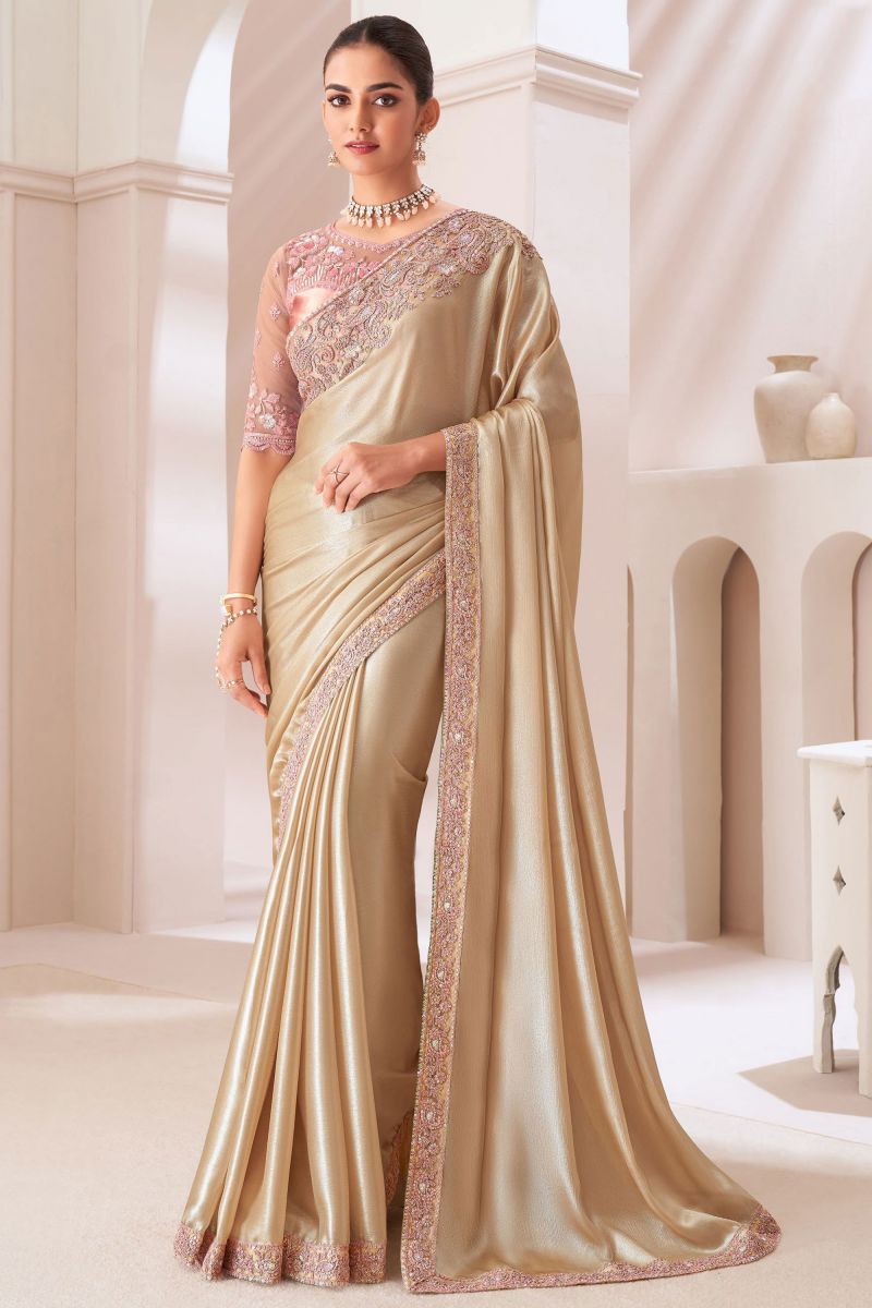 Beige Color Chiffon Coveted Saree With Border Work