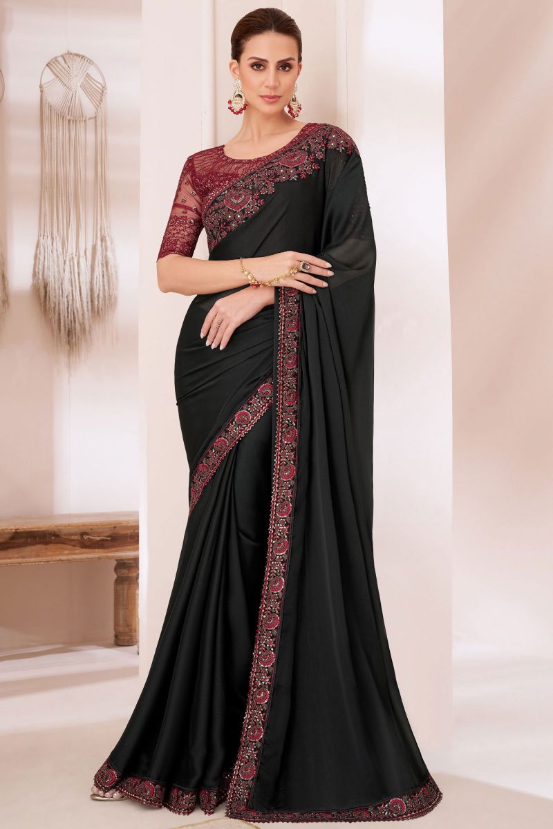 Border Work On Black Color Chiffon Trendy Saree