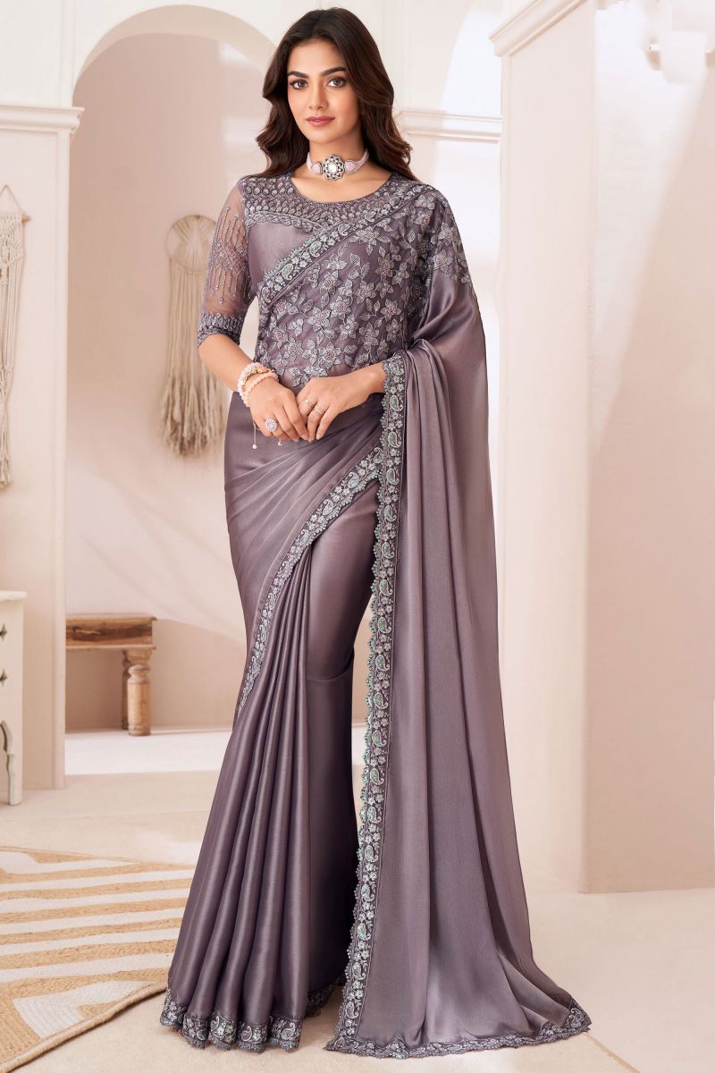 Satin Silk Lavender Color Patterned Saree With Border Work