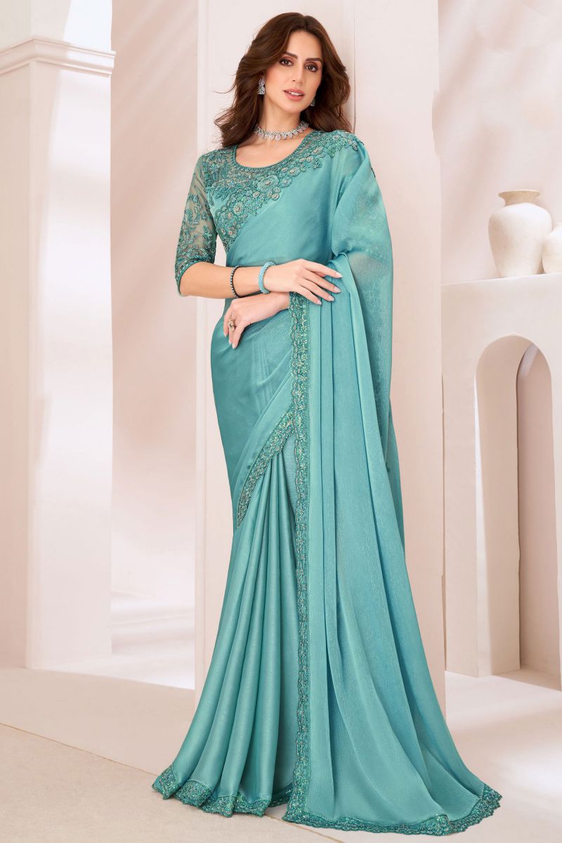 Light Cyan Color Georgette Silk Engaging Saree With Border Work