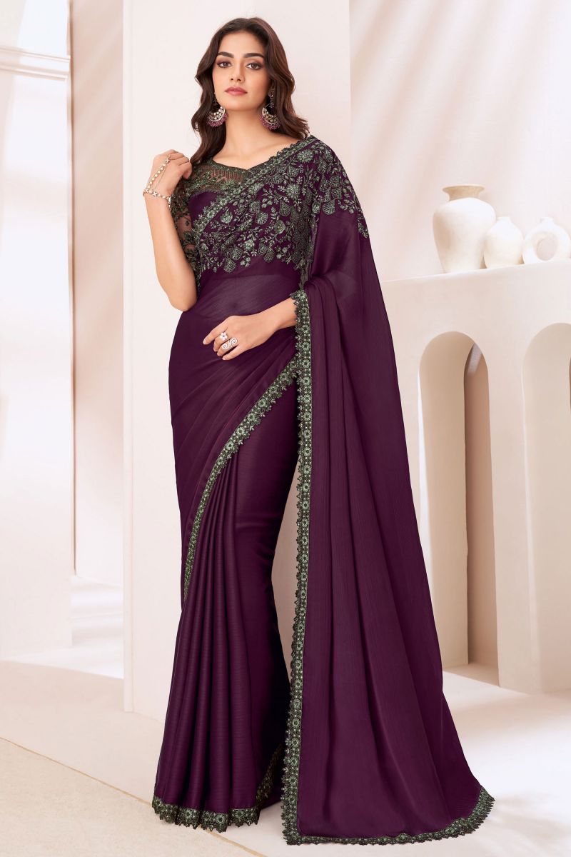 Border Work On Purple Color Sober Saree In Georgette Silk Fabric