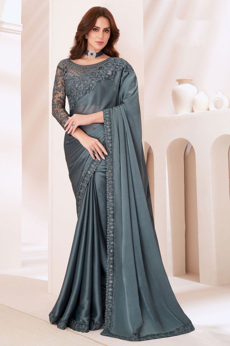 Border Work On Grey Color Georgette Silk Saree