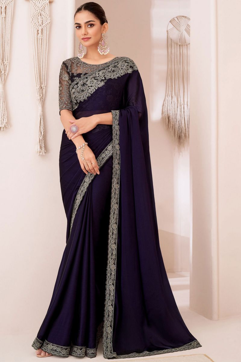 Border Work On Navy Blue Color Chiffon Saree