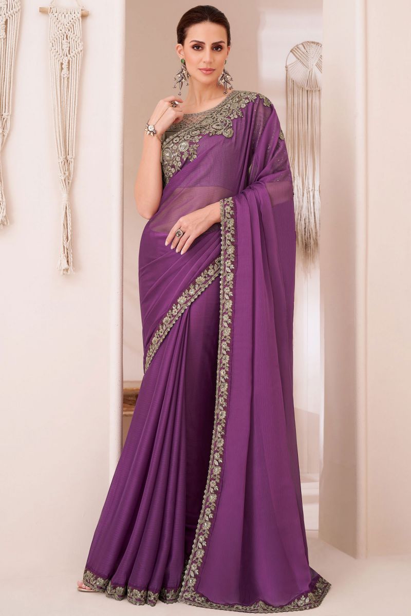 Border Work On Chiffon Purple Color Saree