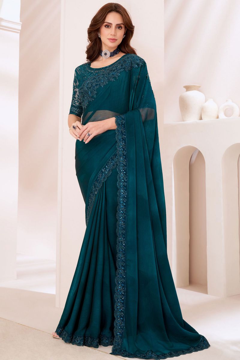 Chiffon Teal Color Delicate Saree With Border Work