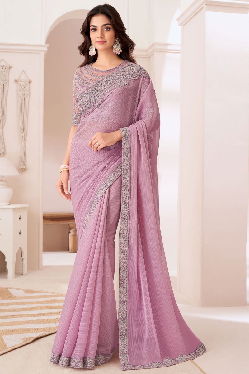 Lavender Color Chiffon Saree With Border Work