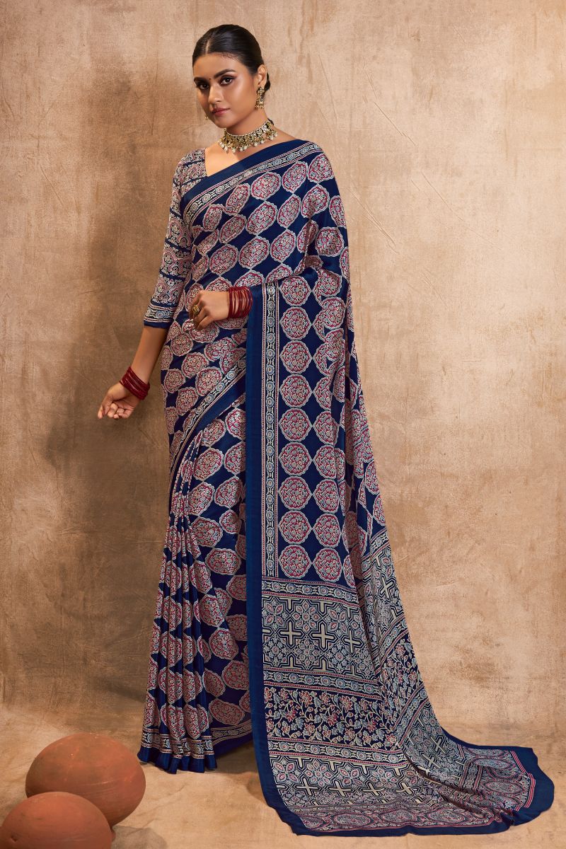 Crepe Silk Fabric Classic Casual Wear Navy Blue Color Printed Saree