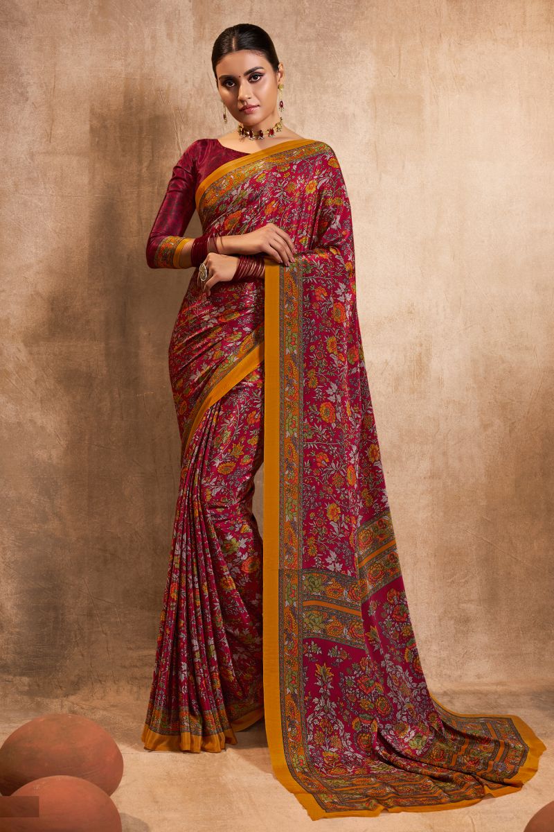 Casual Wear Classic Crepe Silk Fabric Maroon Color Printed Saree