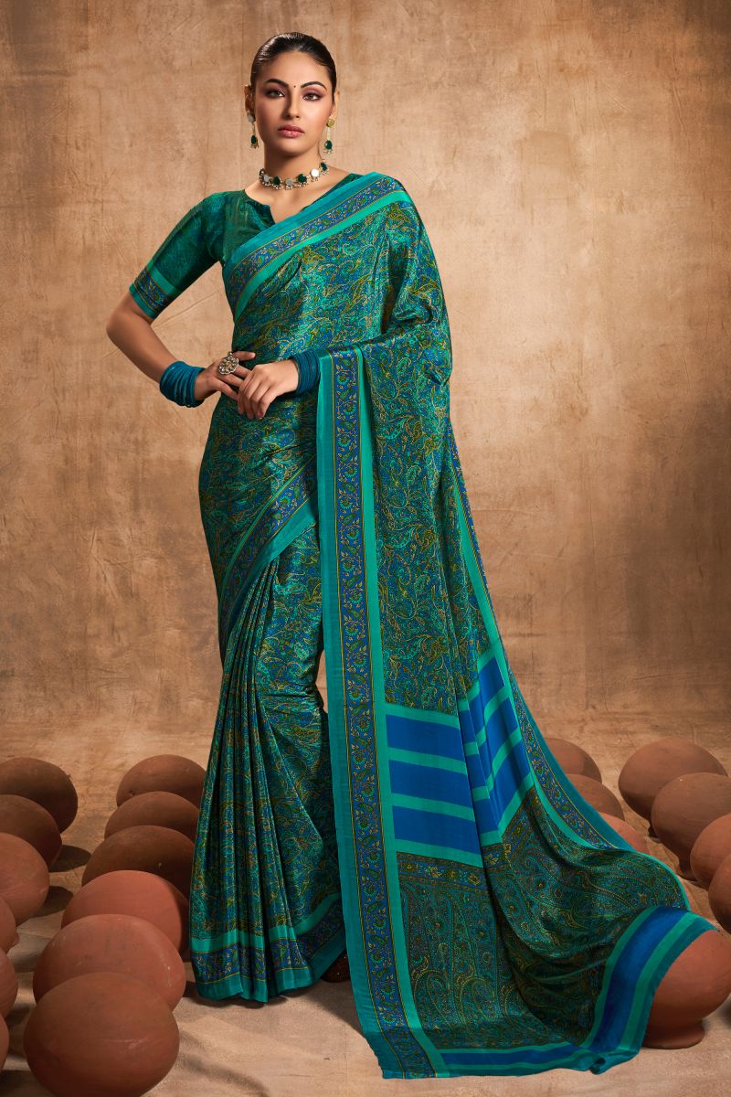 Green Color Daily Wear Classic Crepe Silk Fabric Printed Saree