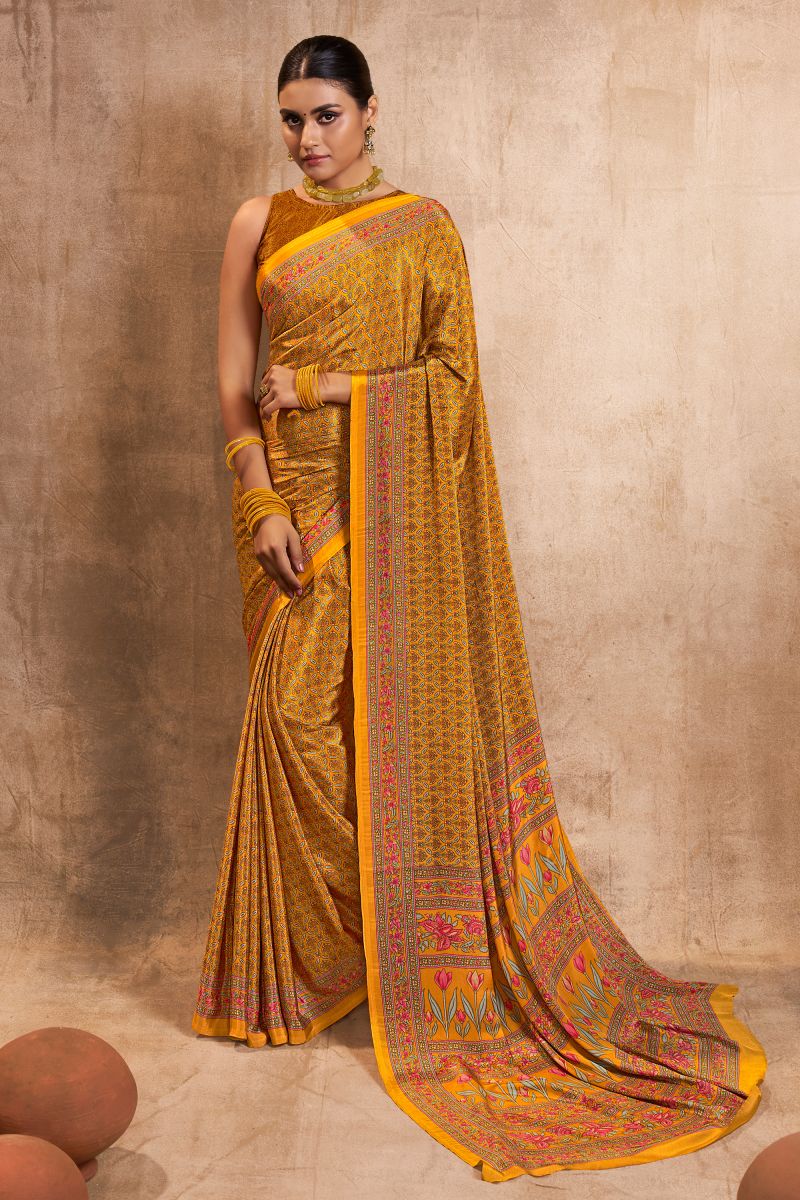 Casual Wear Crepe Silk Fabric Classic Mustard Color Printed Saree