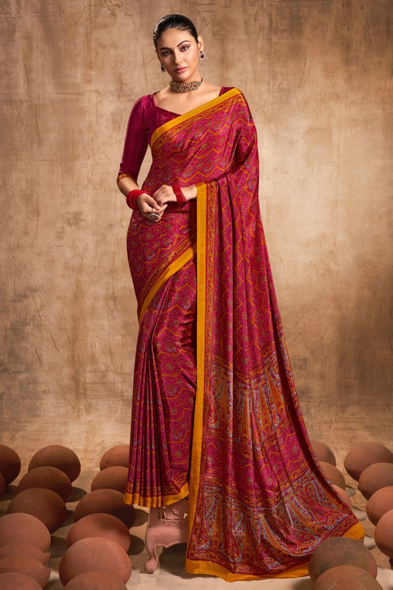 Crepe Silk Fabric Daily Wear Classic Printed Rani Color Saree