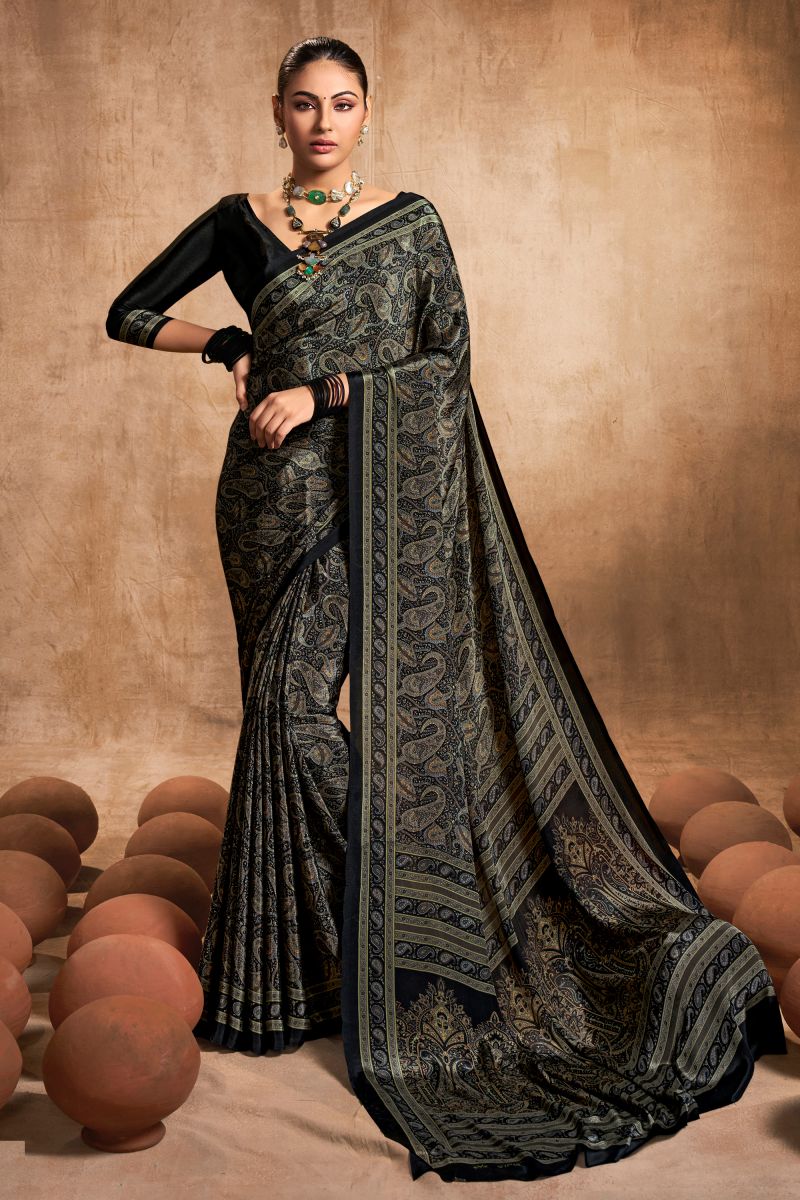 Black Color Classic Casual Wear Crepe Silk Fabric Printed Saree