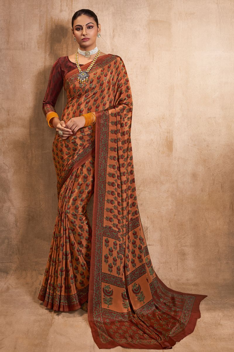 Casual Wear Classic Brown Color Crepe Silk Fabric Printed Saree