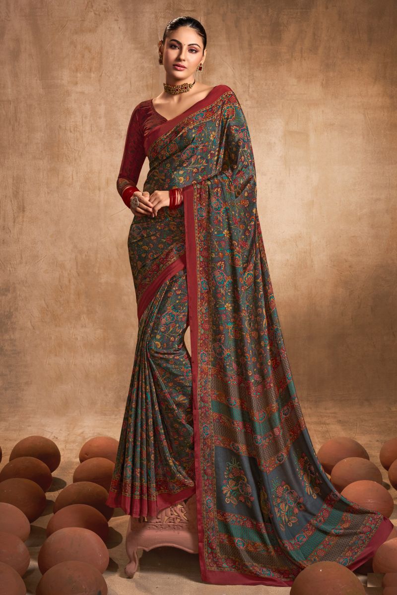 Crepe Silk Fabric Daily Wear Classic Grey Color Printed Saree