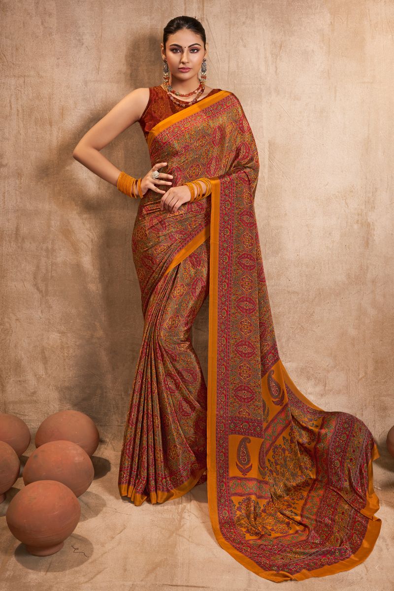 Brown Color Crepe Silk Fabric Printed Casual Wear Stylish Saree