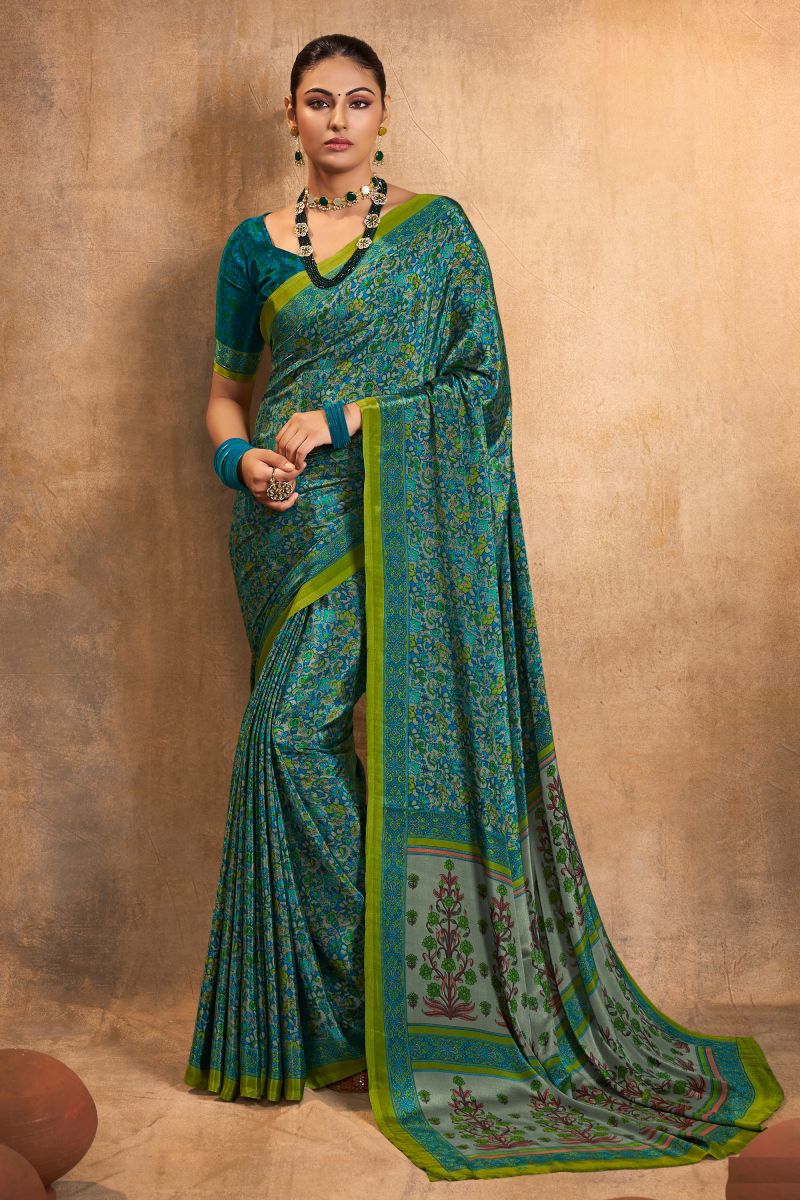 Crepe Silk Fabric Teal Color Printed Casual Wear Fancy Saree