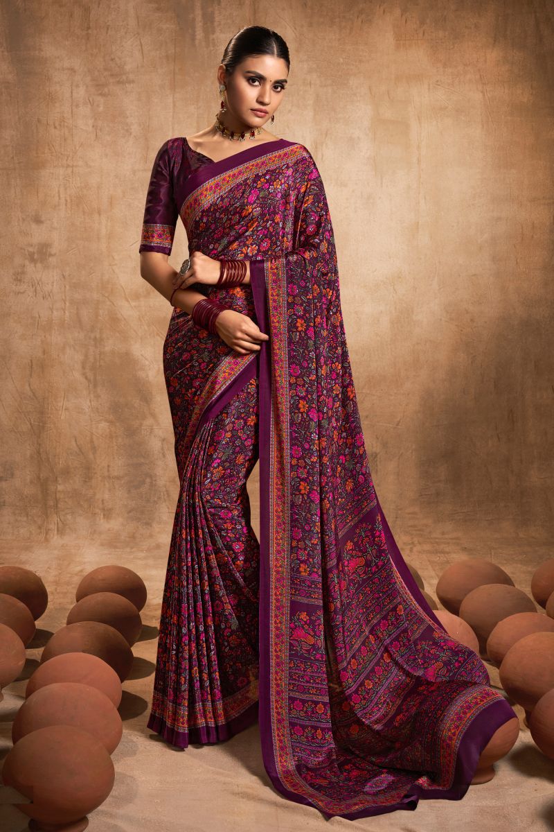 Crepe Silk Fabric Purple Color Casual Wear Printed Saree