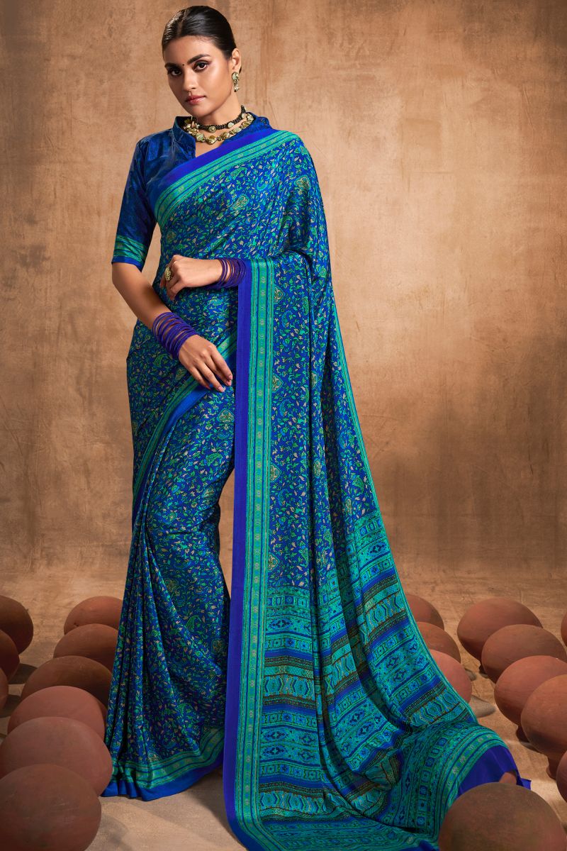 Crepe Silk Fabric Printed Blue Color Casual Wear Fancy Saree