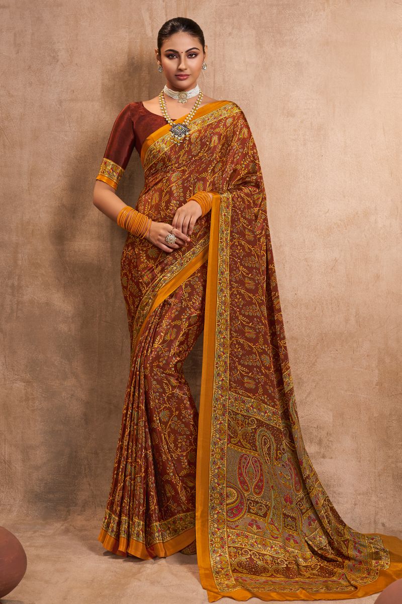 Brown Color Crepe Silk Fabric Daily Wear Printed Saree