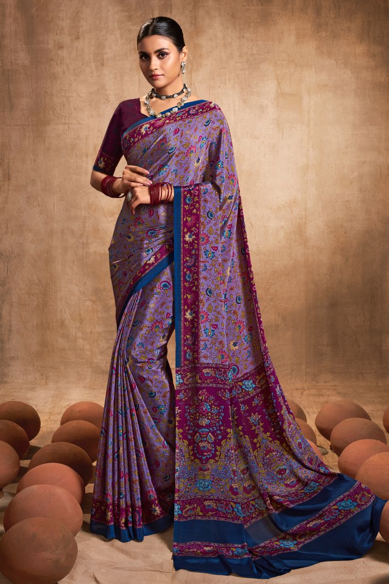 Lavender Color Crepe Silk Fabric Stylish Printed Casual Wear Saree