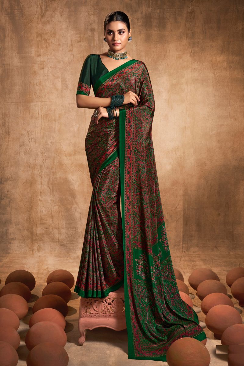 Crepe Silk Fabric Green Color Fancy Printed Casual Wear Saree