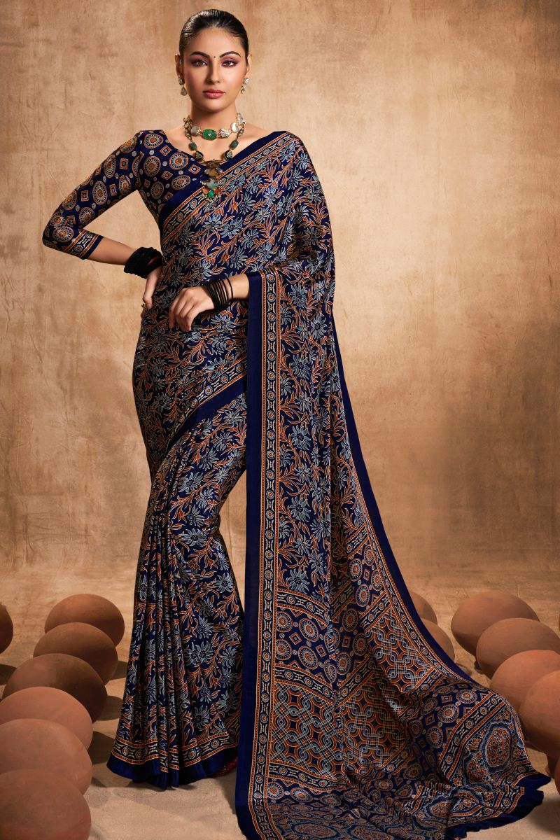 Printed Crepe Silk Fabric Navy Blue Color Casual Wear Saree