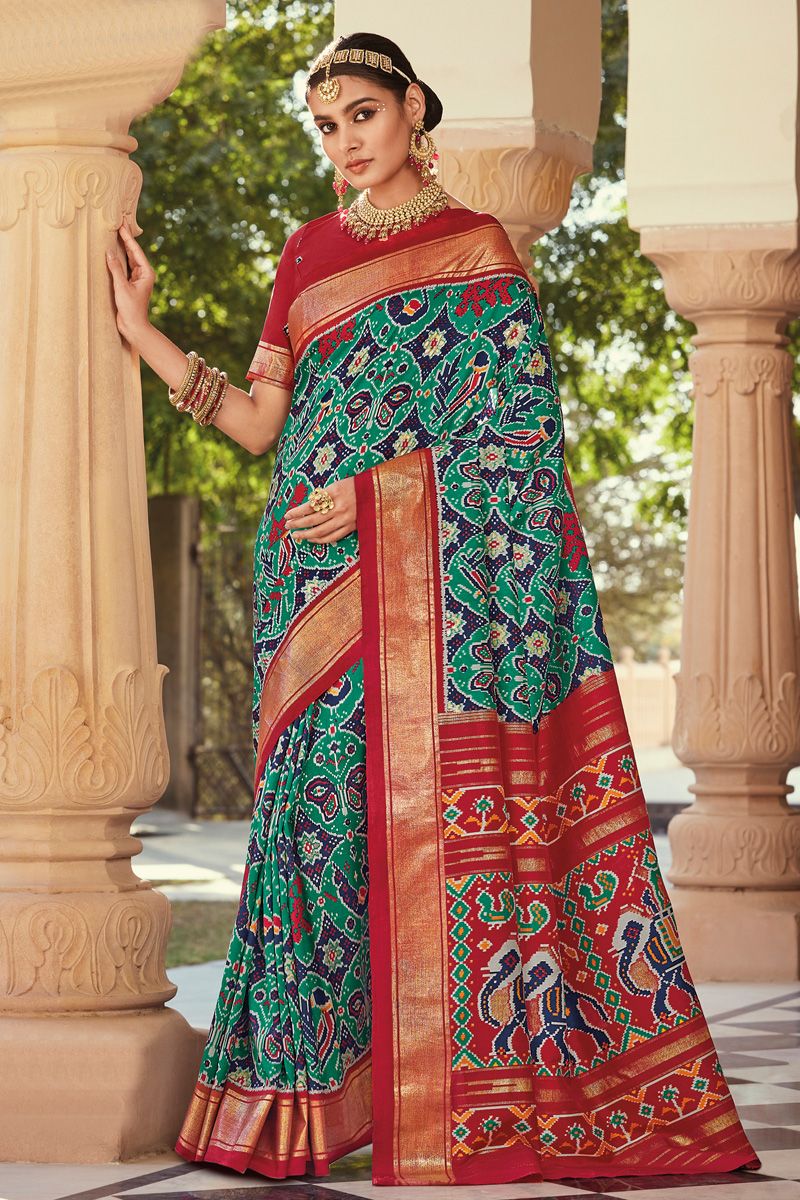 Marvellous Art Silk Fabric Foil Printed Saree In Green Color