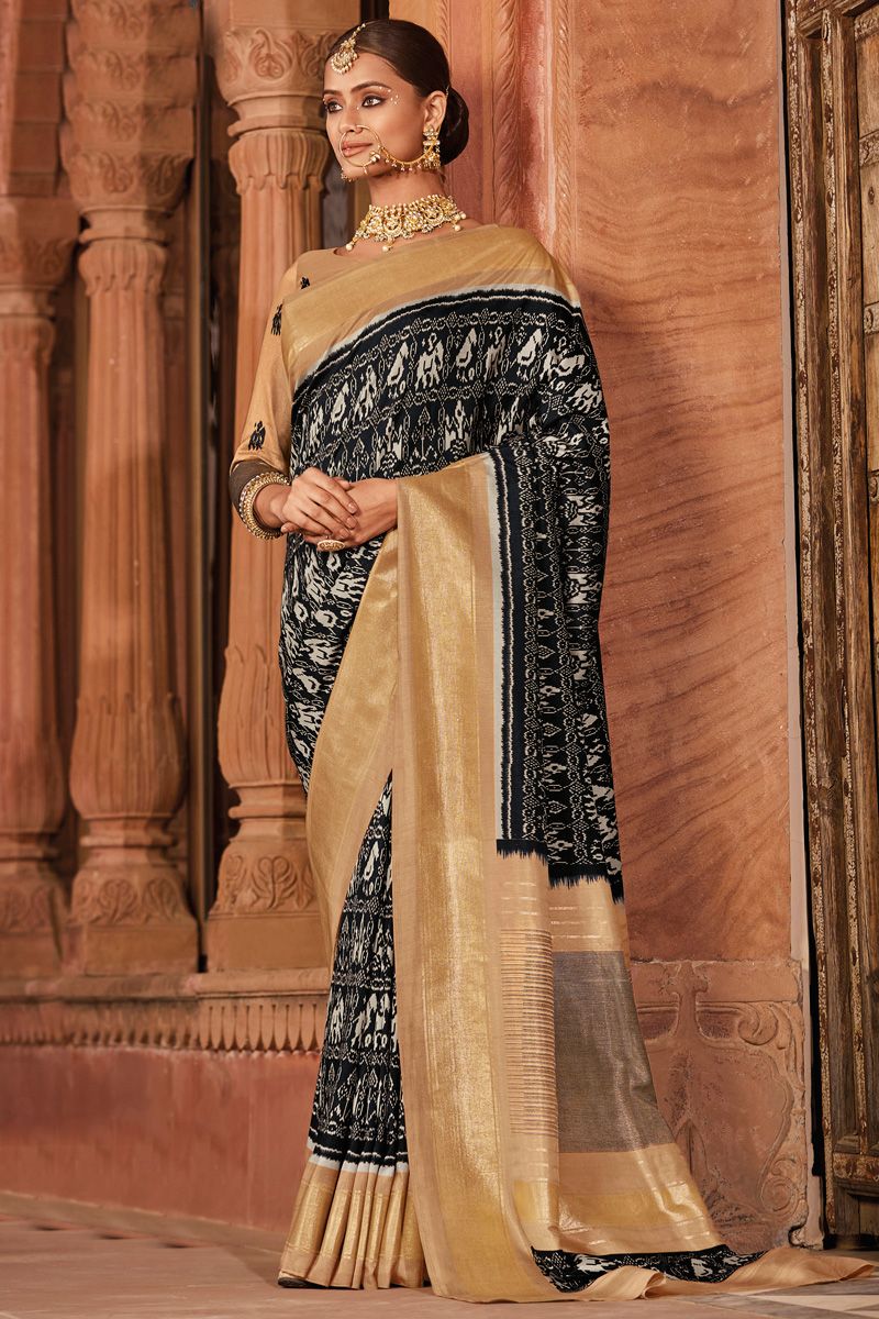 Charming Black Color Art Silk Fabric Foil Printed Saree