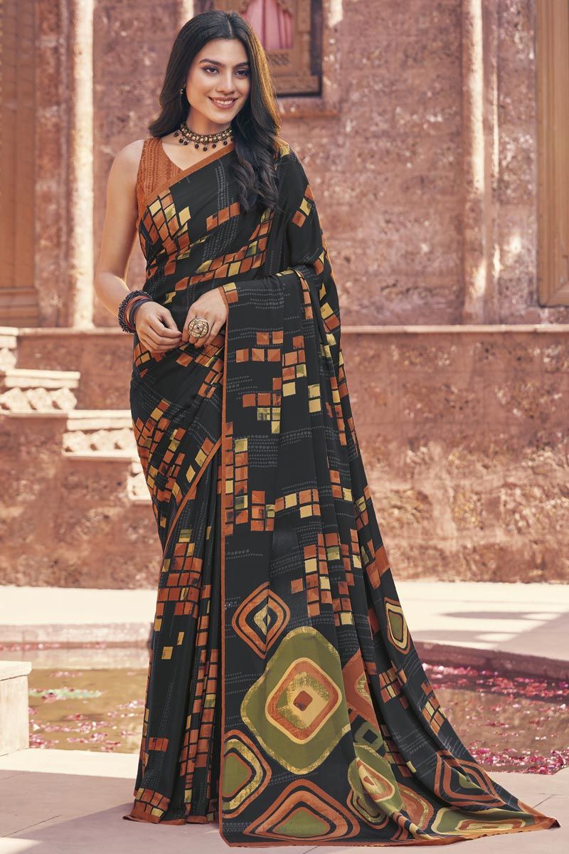 Crepe Printed Casual Saree In Black Color