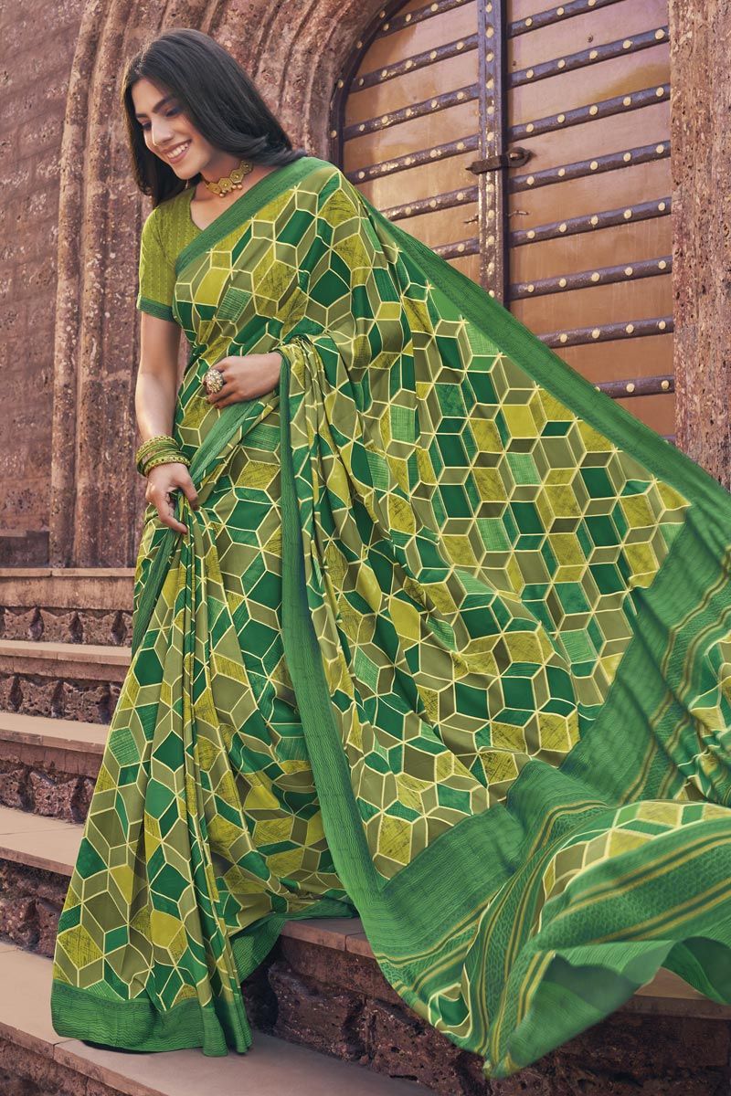 Crepe Printed Green Color Casual Saree