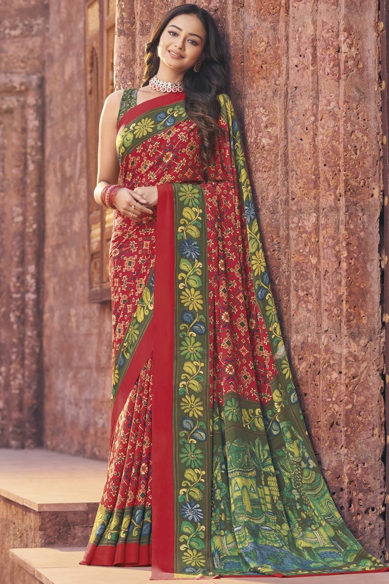 Crepe Printed Casual Saree In Red Color