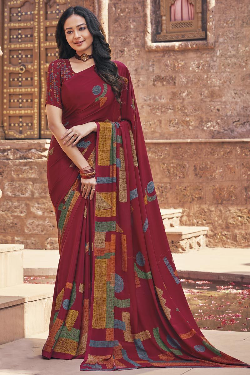 Red Color Printed Crepe Casual Saree