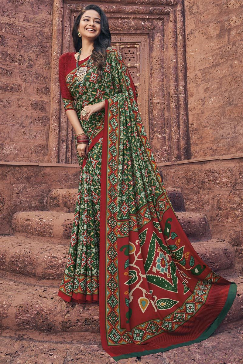 Crepe Green Color Daily Wear Printed Saree